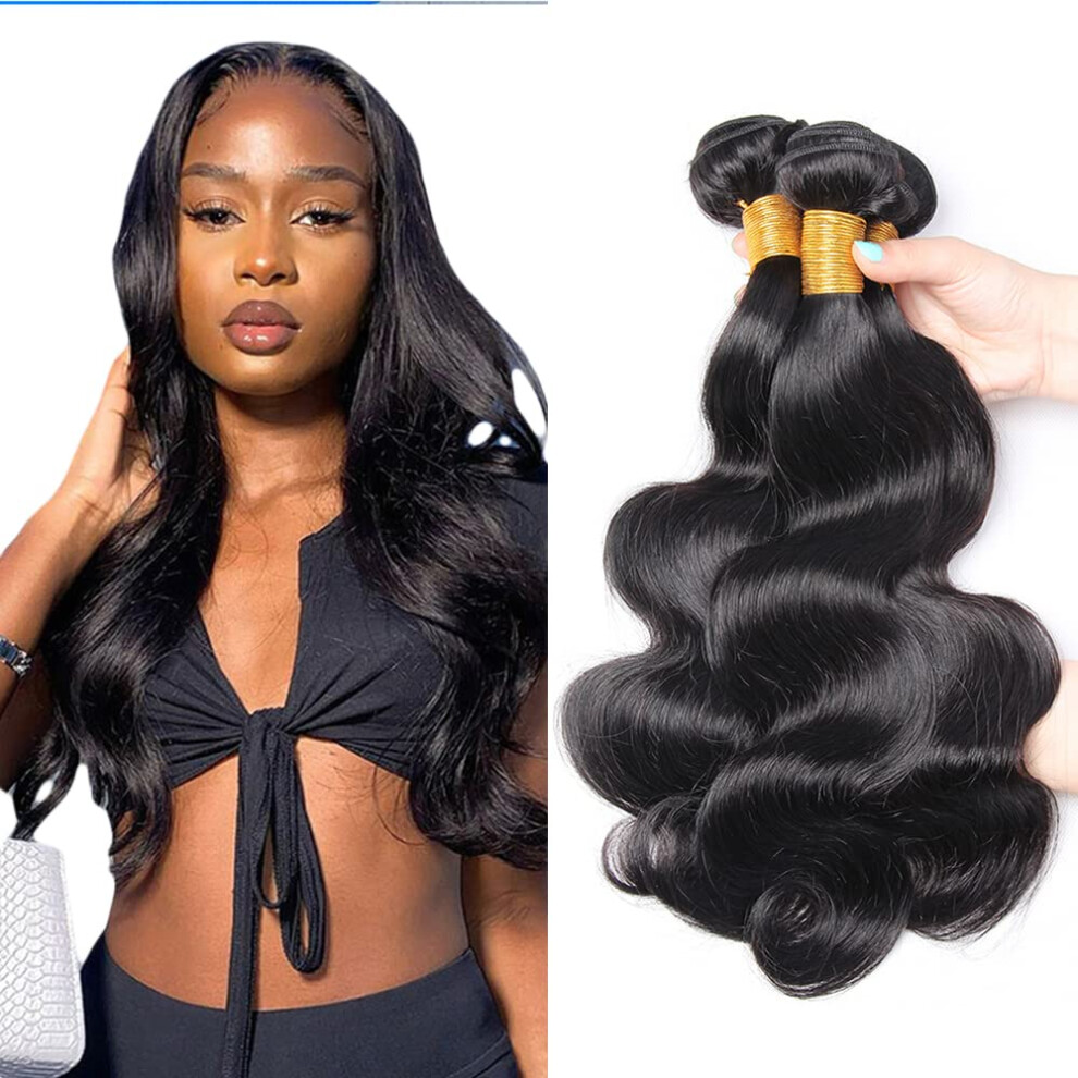 Unisex Black 14 16 18 Inch Body Wave Human Hair Bundles Brazilian Virgin Hair Extensions Natural Tangleâ Double Weft