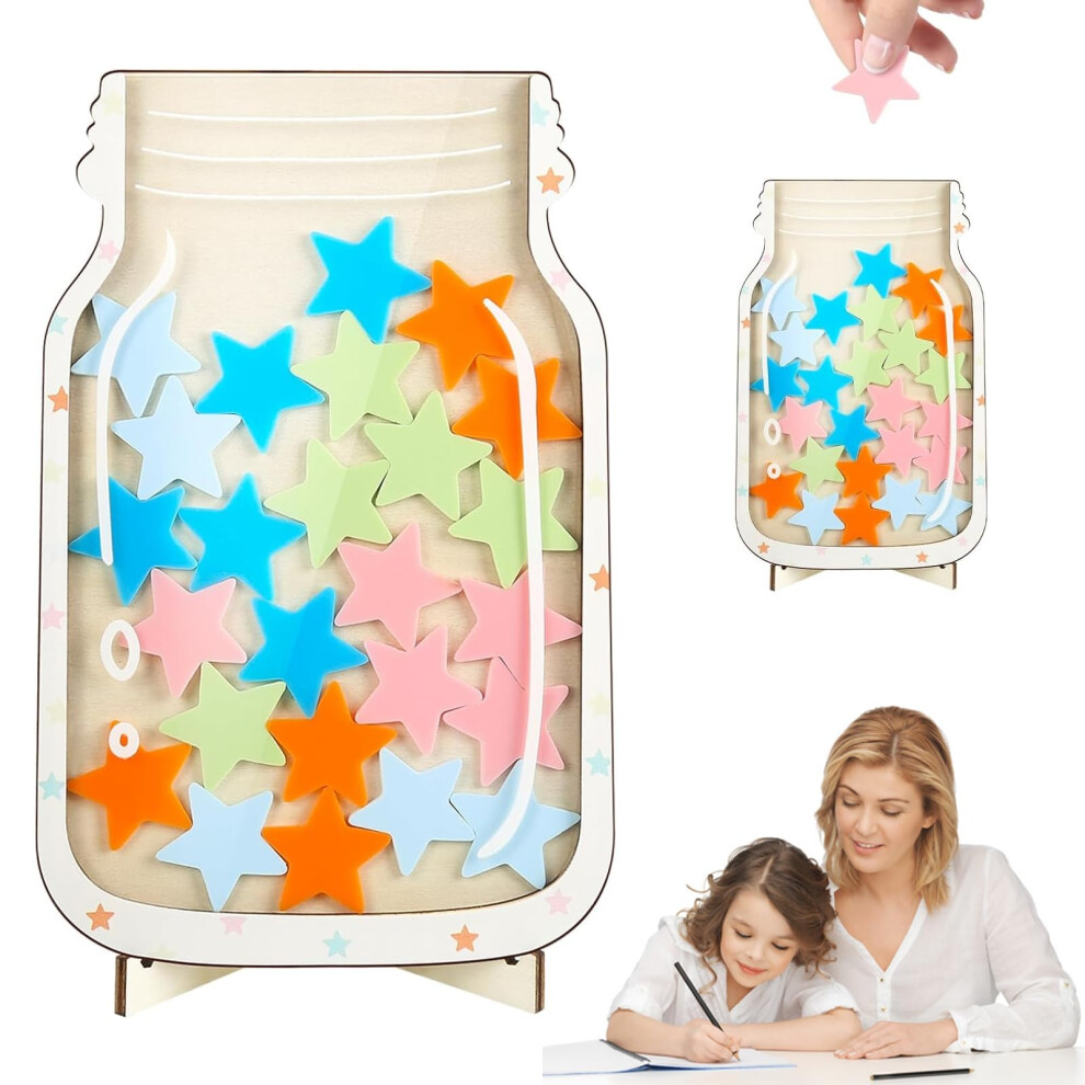 Reward Jar for Kids with Magnetic Chart,  Wooden Design and Colorful Star Tokens
