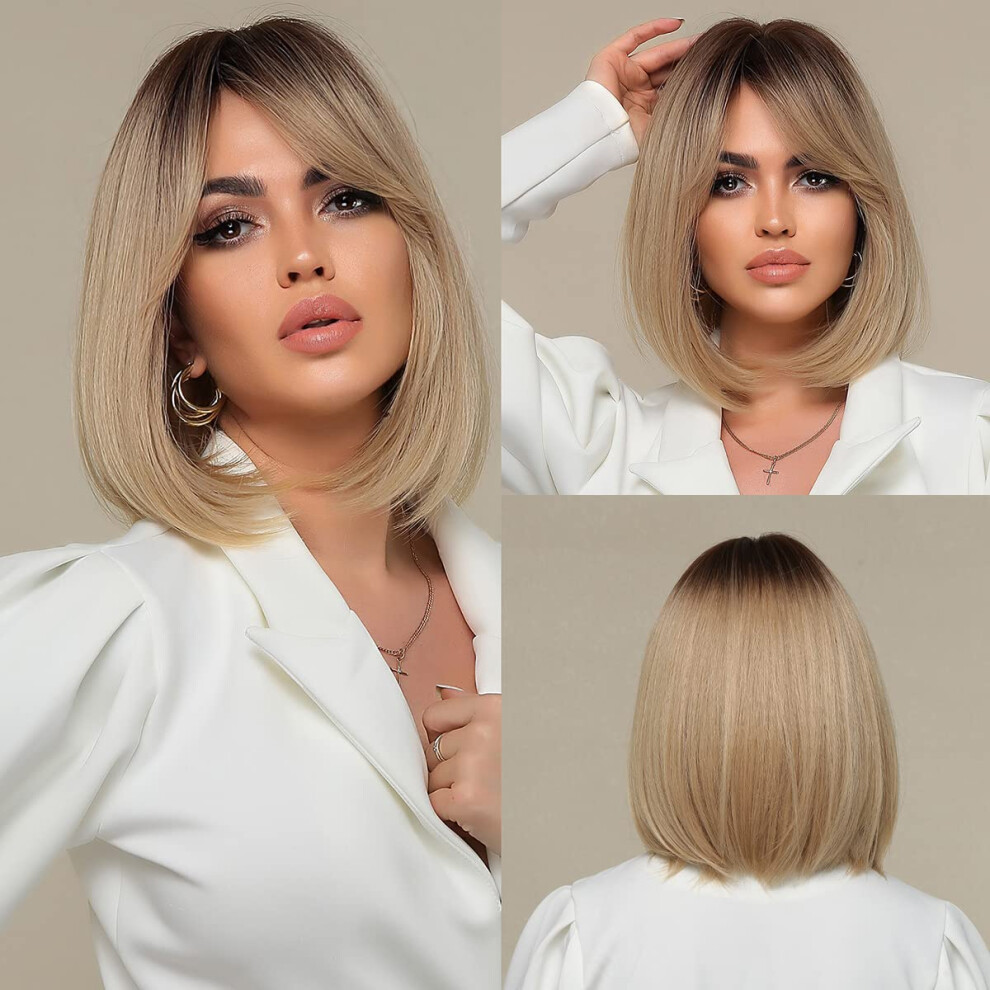 Unisex Dark Bob Wig Short Ombre Ash Blonde With Roots, Heat Resistant Synthetic Shoulder Length Wig With Bangs For Women