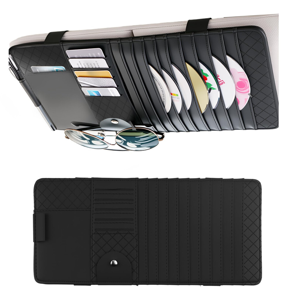 Leather Car Visor Organizer With Cd Holder, Sunglasses And Card Storage, Durable Universal Fit 9113335631373