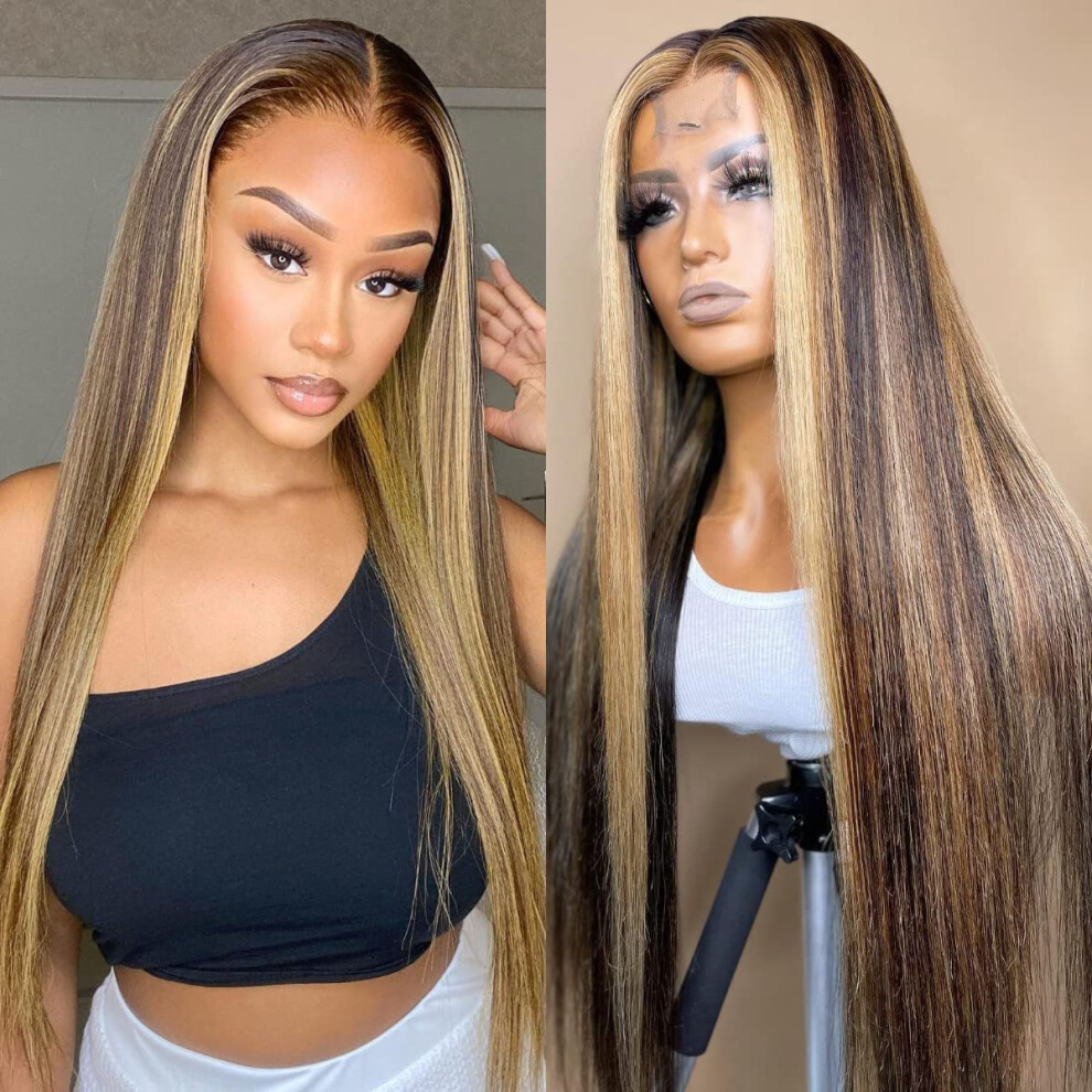 Long Straight 13x4x1 T Part Lace Front Wig for Women, Highlight Synthetic Wig with Natural Hairline, Heat Resistant Fiber
