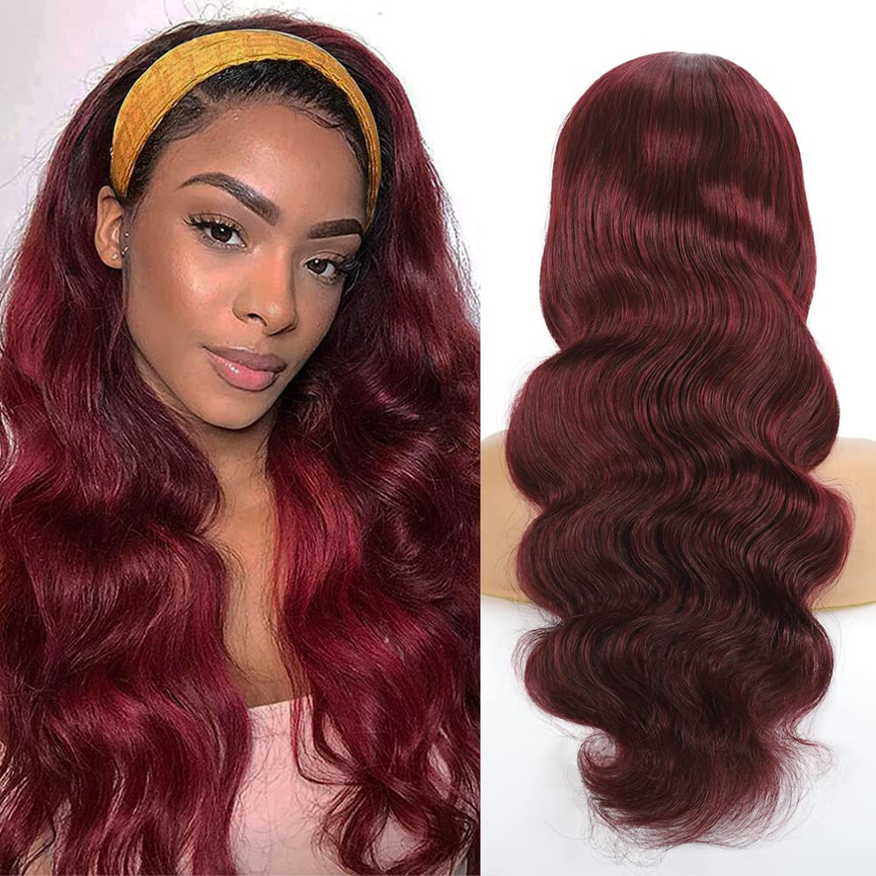 Unisex Black,Red 99J Burgundy Human Hair Headband Wig 20 Inch Glueless None Lace Front For Black Women