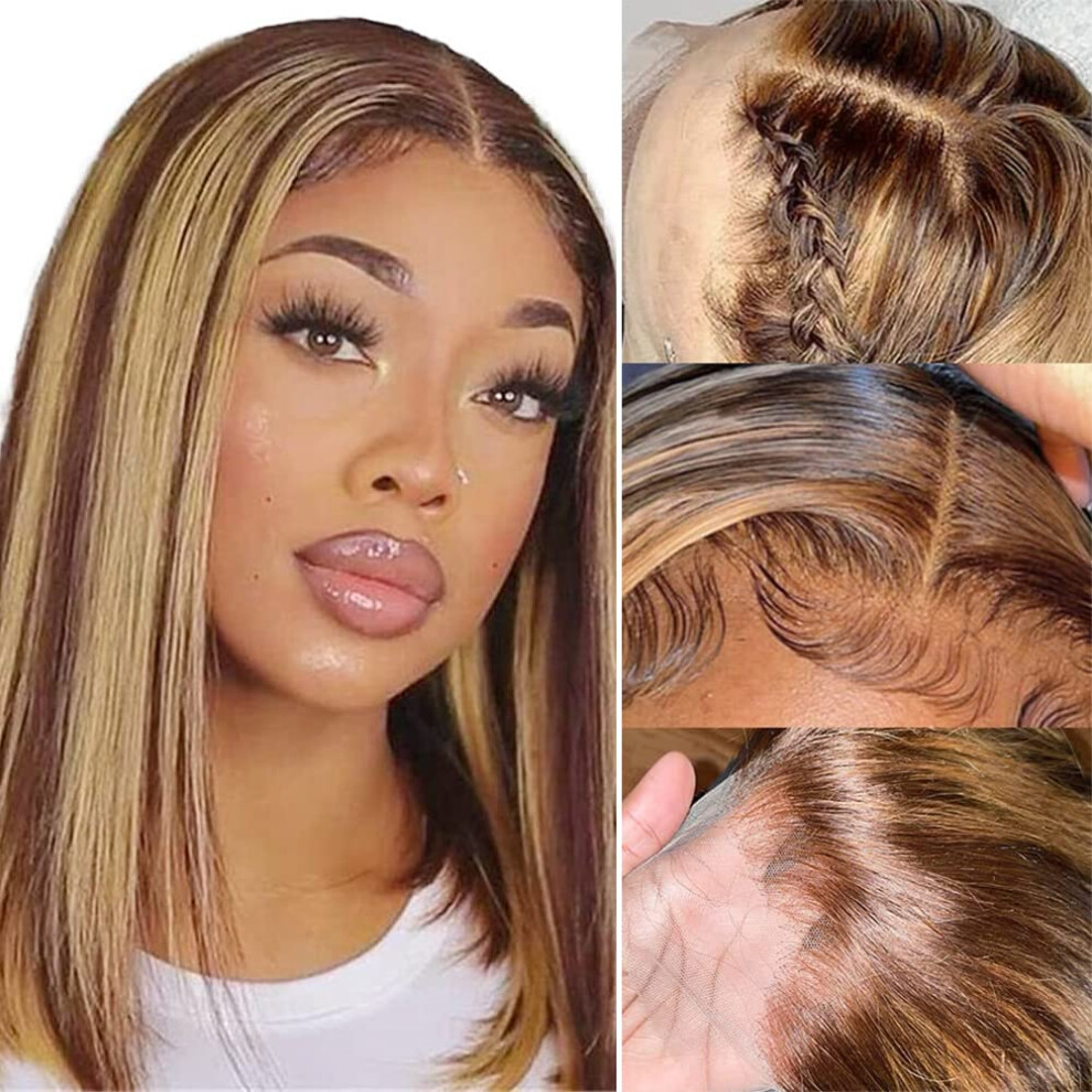 Unisex Ombre Bob Lace Front Wig Human Hair 13X4 Hd Transparent Lace Pre Plucked Honey Blonde Highlights 16Inch