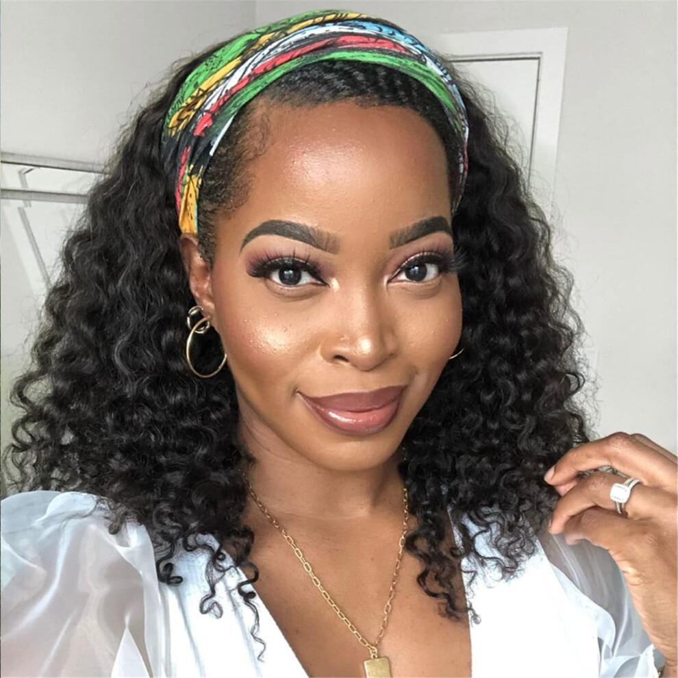 Unisex Brazilian Kinky Curly Headband Wig 180 Density Human Hair Glueless Remy Deep Wave 20 Inch Natural Look