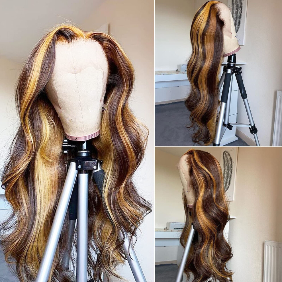 Unisex 26 Inch Honey Blonde Body Wave Human Hair Lace Front Wig Glueless Pre Plucked Natural Hairline