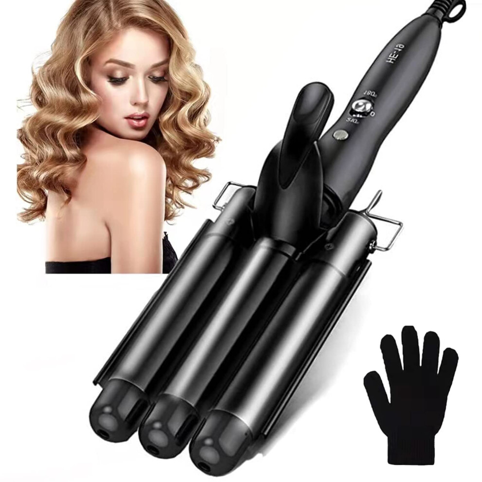 Black 3 Barrel Curling Iron Hair Waver 25Mm Tourmaline Ceramic Curling Wand Adjustable Temp For Beach Waves Travel