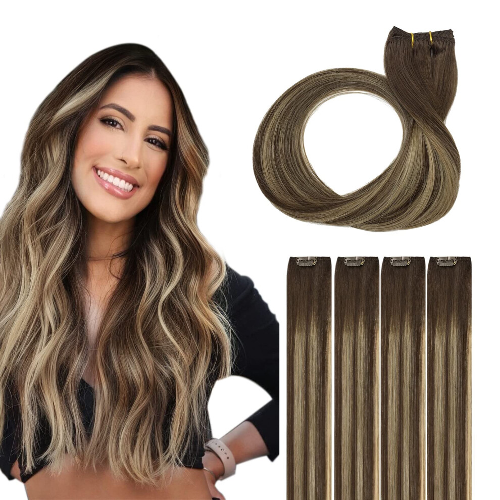Unisex Brown,Yellow Clip In Human Hair Extensions Balayage Chocolate Brown To Honey Blonde 14 Inch Remy Silky Straight