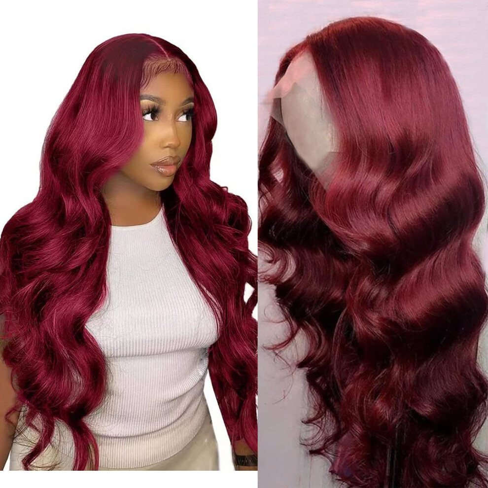 Unisex Red 13X6 Hd Transparent Lace Front Wig Human Hair Body Wave 99J Burgundy 26 Inch Pre Plucked