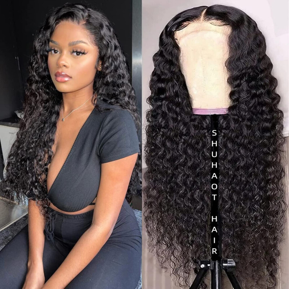Unisex 26 Inch Water Wave Lace Front Wig Brazilian Virgin Human Hair Glueless 4X4 Closure 180 Density Natural Hairline