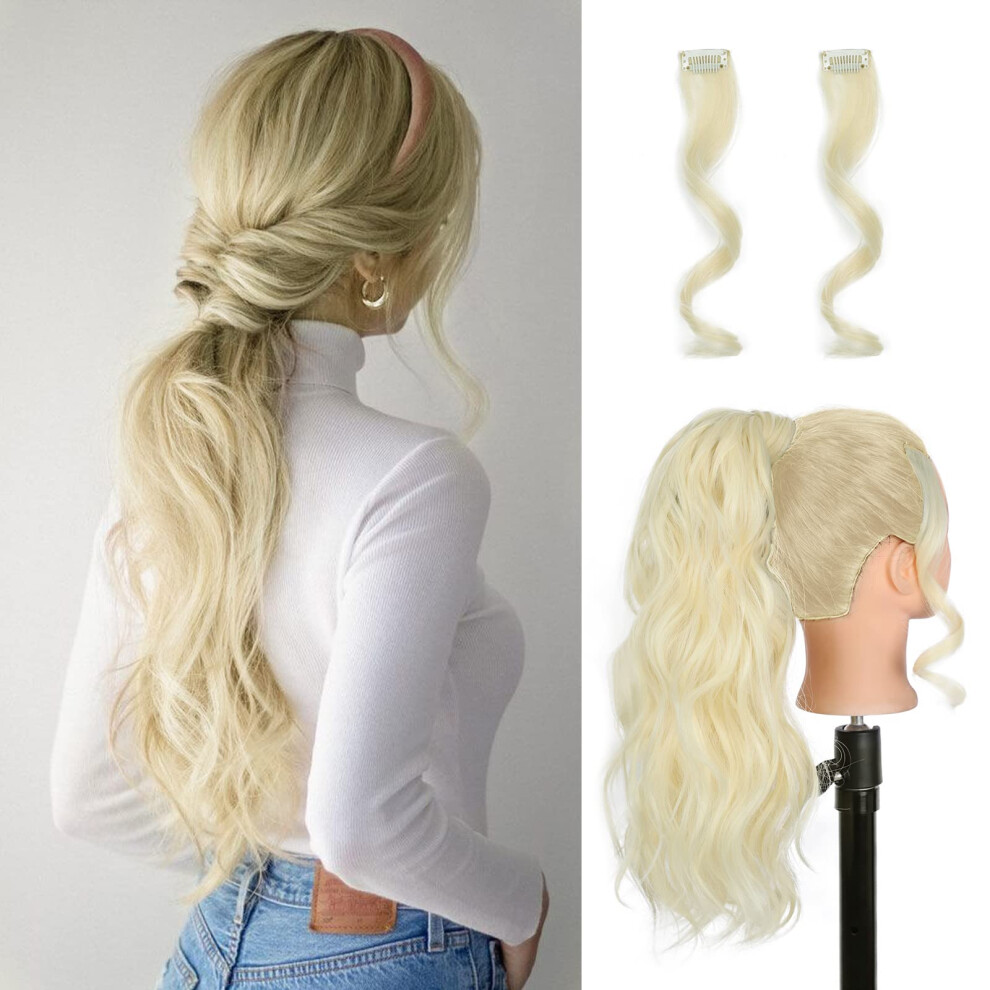 Unisex 20 Inch Bleach Blonde Wavy Wrap Around Ponytail Extension With Seamless Clipon Design