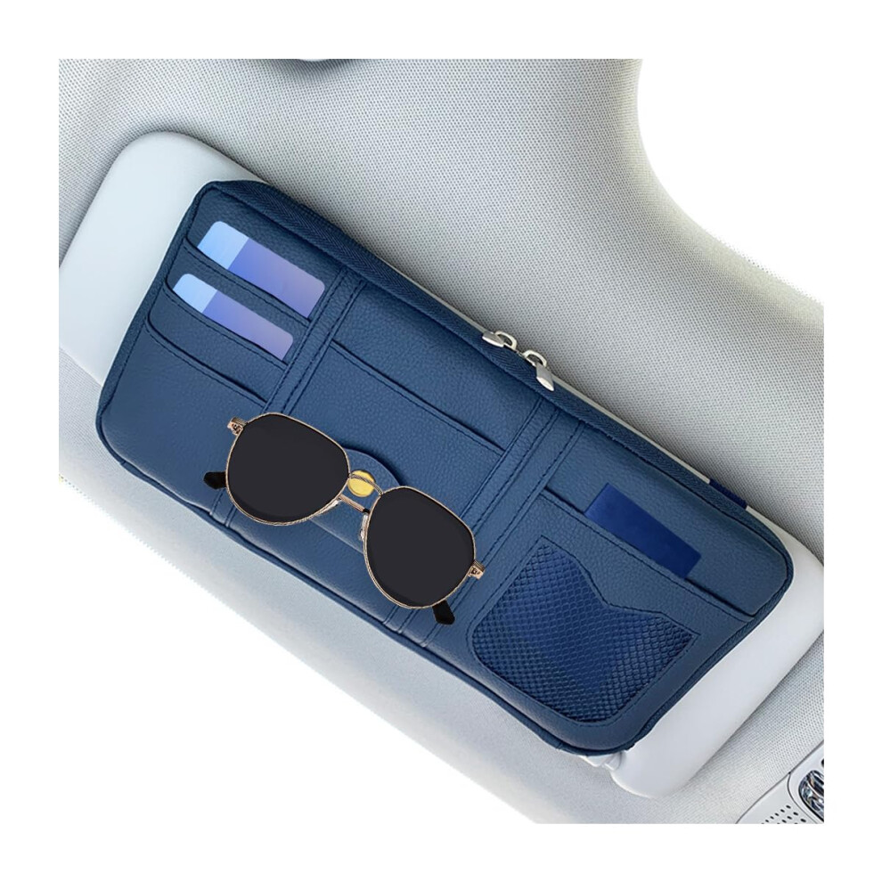 Leather Car Sun Visor Organizer With Sunglasses Holder, Multipocket Zipper Pouch For Suv Truck Sedan Navy Blue 9070919839269