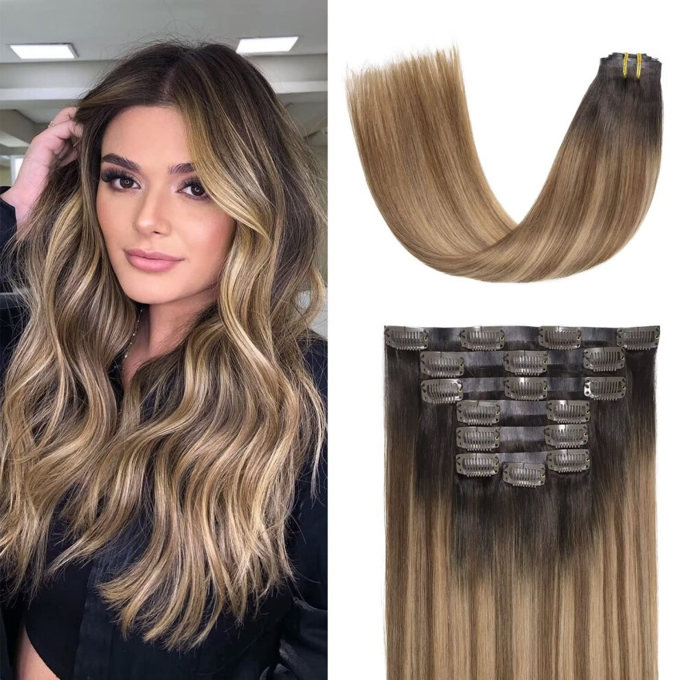 Unisex Brown Seamless Balayage Clip In Human Hair Extensions, Remy Dark To Chestnut, 7Pcs 18Inch