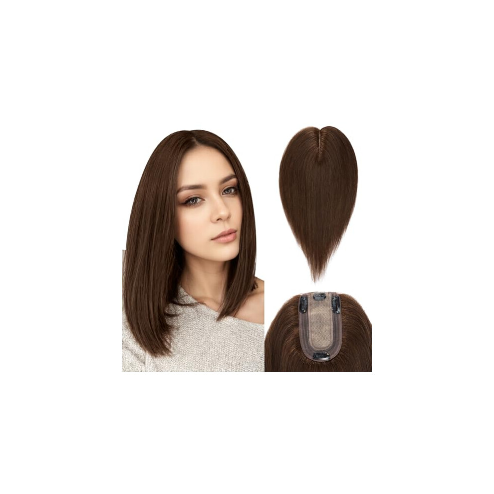 Unisex Brown Remy Human Hair Topper For Women With Thinning Hair Silk Scalp Base Clip In Hairpiece 12 Inch Medium