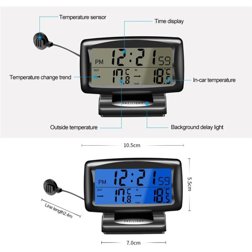 Digital Car Thermometer and Clock with Backlight, Accurate Temp Display, Dashboard Alarm Gauge 2