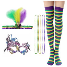 Mardi Gras Costume Accessories Set for Women Feather Headband Lace Mask Beads Necklace Stockings