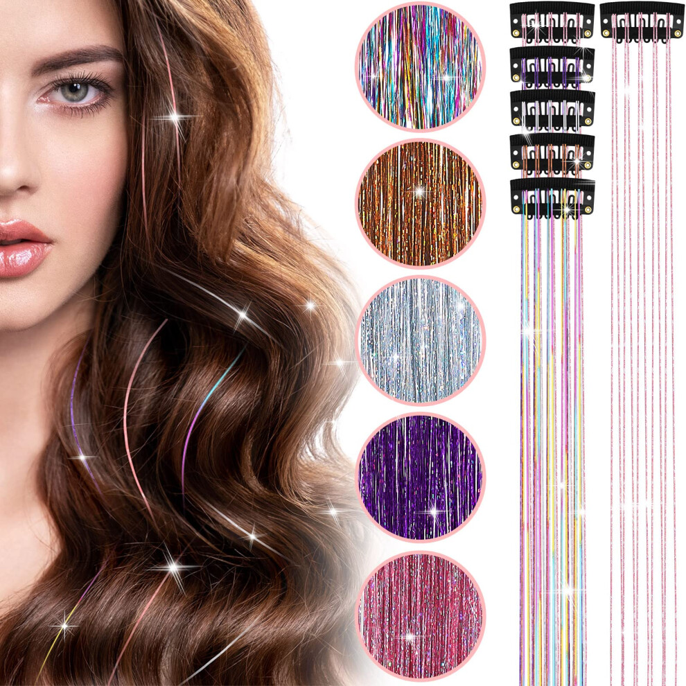 Unisex Clip In Hair Tinsel Extensions 20 Inch, Heat Resistant Sparkly Glitter Strands For Party Hairstyling