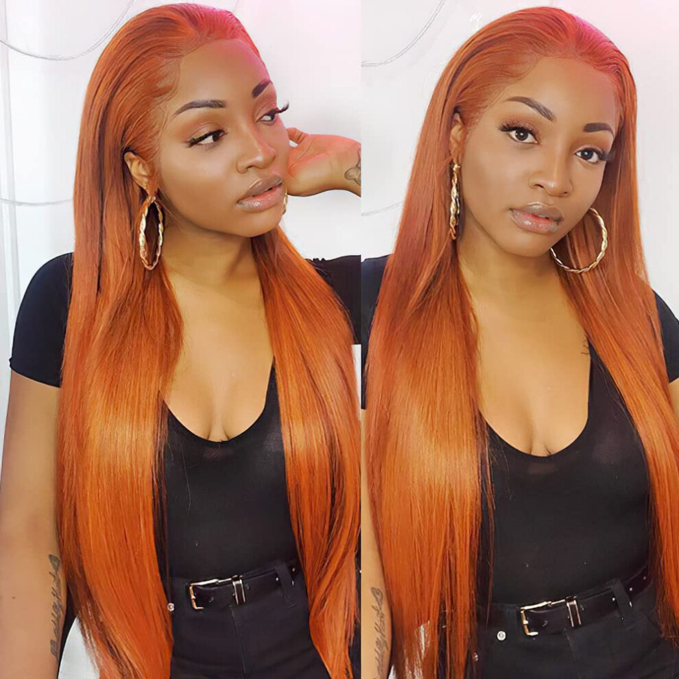 26 Inch Ginger Orange Human Hair Wig 13x4 Lace Front, HD Transparent Glueless Pre Plucked 180 Density