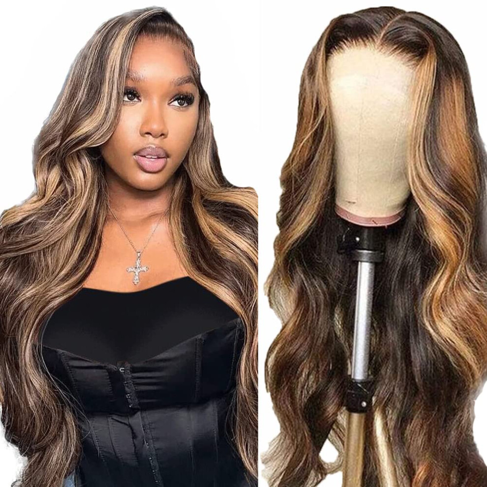 Unisex Black Highlight Body Wave Human Hair Lace Front Wig P4/27 Glueless Pre Plucked 4X4 Closure For Women