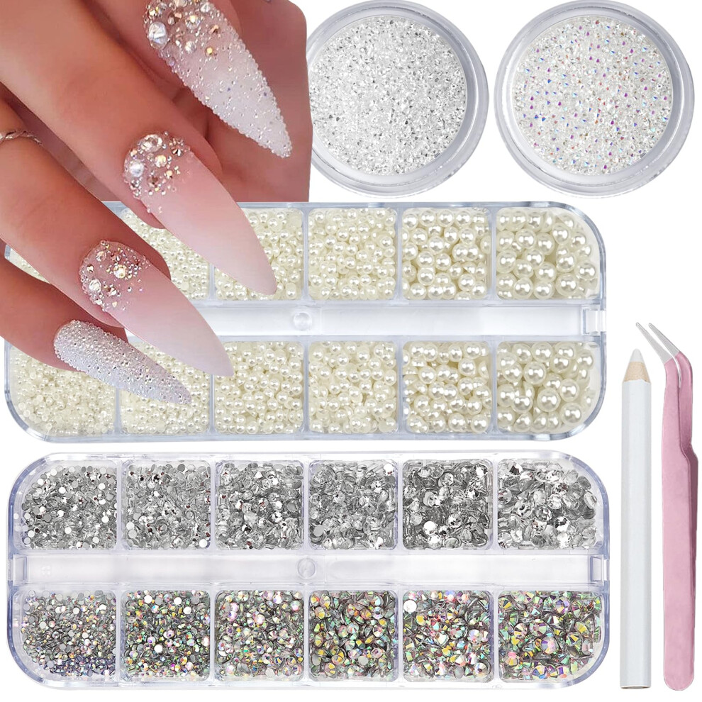Nail Art Rhinestones and Flatback Pearls Set, 4 Boxes Half Round Gems for Acrylic Nail Decoration