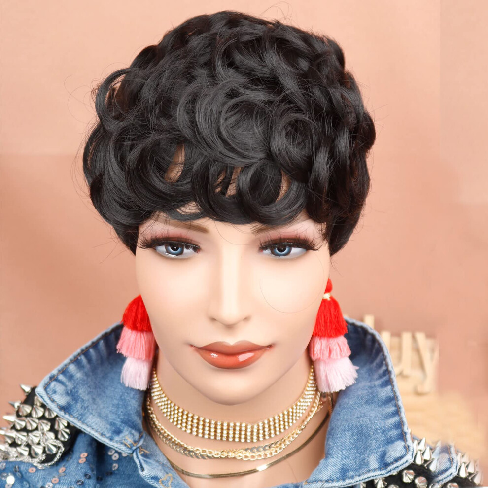 Unisex Black Short Pixie Wig With Bangs For Women, Natural Curly Synthetic Wavy Pixie Cut Hair