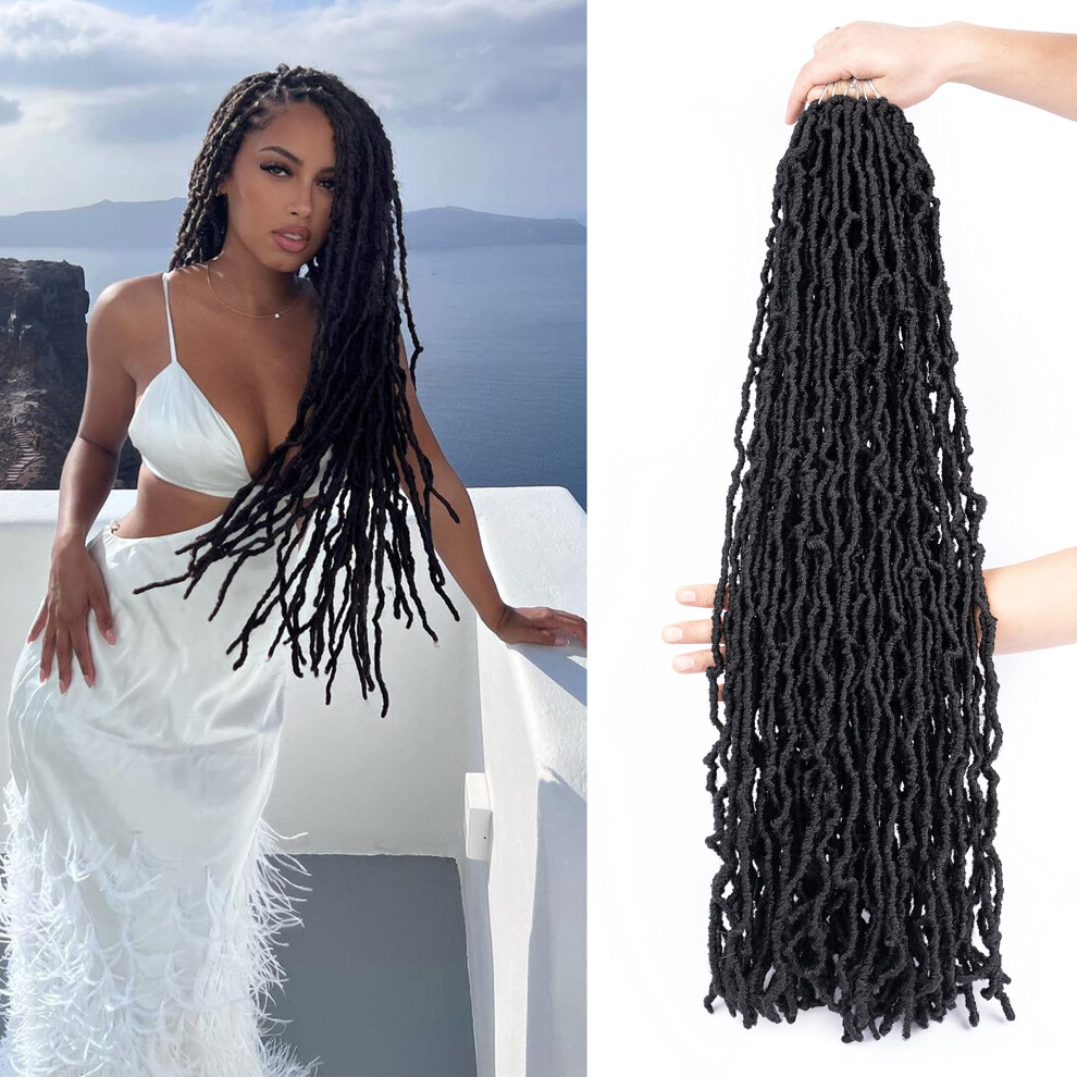 Unisex Black Faux Locs Crochet Hair 30 Inch Prelooped Soft Lightweight Tangle Goddess Braids For Women 6 Packs 1B