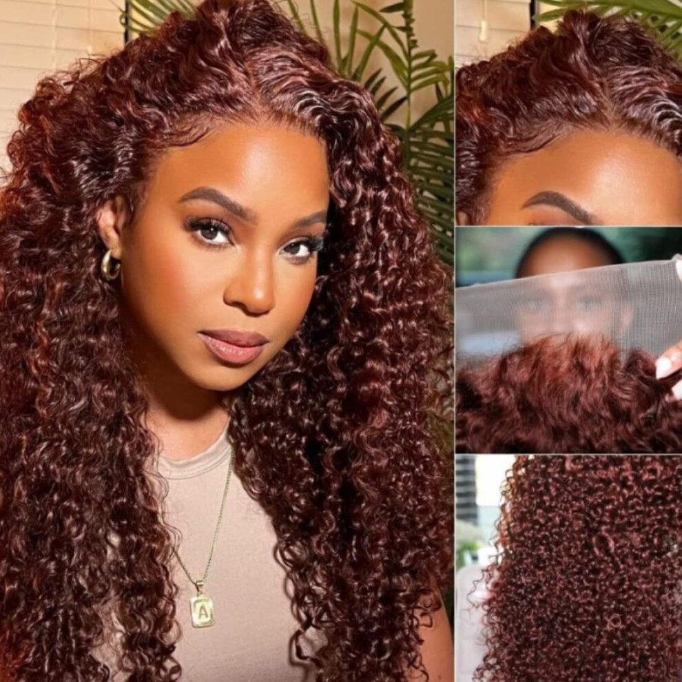 Unisex Red,Brown Reddish Brown Jerry Curly Human Hair Lace Front Wig 13X4 Hd Transparent Glueless 18 Inch Pre Plucked Copper Red 150% Density