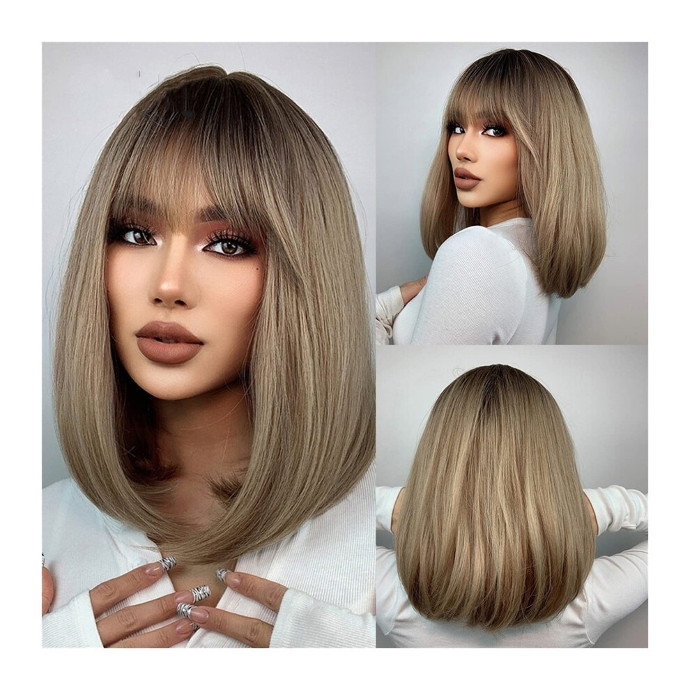 Bob Blonde Wig with Bangs Shoulder Length Golden Brown Synthetic Hair Heat Resistant for Women