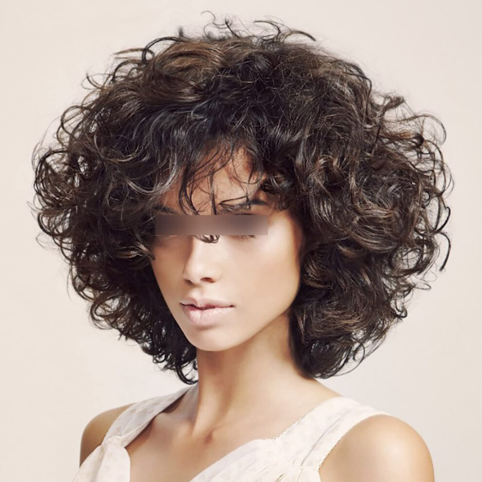 Unisex Black Short Afro Curly Wig For Women With Bangs, Brazilian Virgin Human Hair, Natural Curly Texture