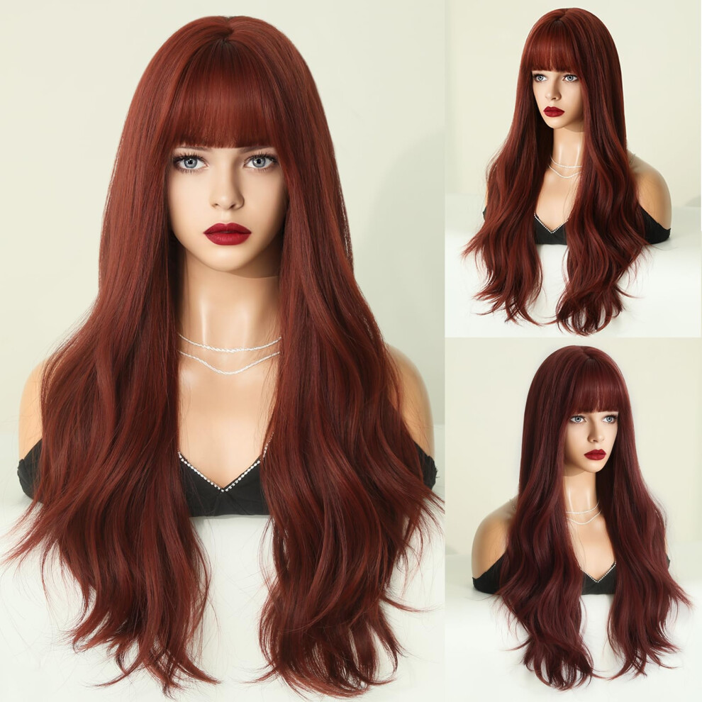 Long Burgundy Body Wave Wig for Women Heat Resistant Synthetic Wig with Full Bangs 26 Inch