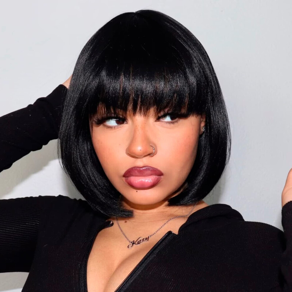 Unisex Brown 10 Inch Dark Bob Wig With Bangs For Women, Yaki Straight Heat Resistant Synthetic Hair