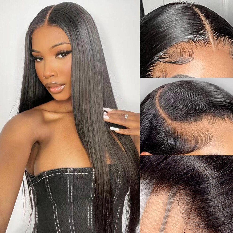 Unisex 22 Inch Straight Human Hair Lace Front Wig 13X4 Hd Lace Frontal Pre Plucked 180 Density Natural Hairline