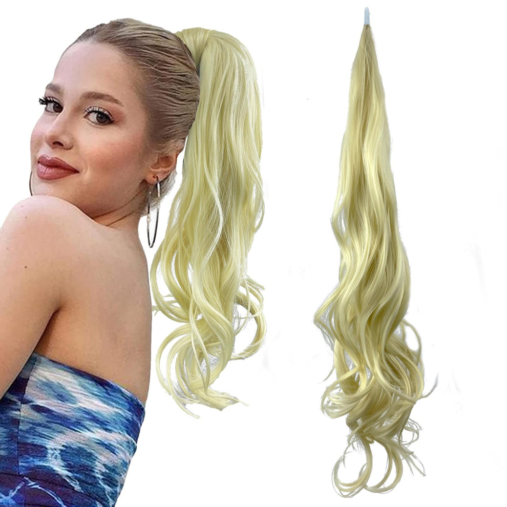 Unisex Bleach Blonde 32 Inch Wrap Around Ponytail Hair Extension For Women, Synthetic Curly Hairpiece With Natural Look And Instant Volume Boost