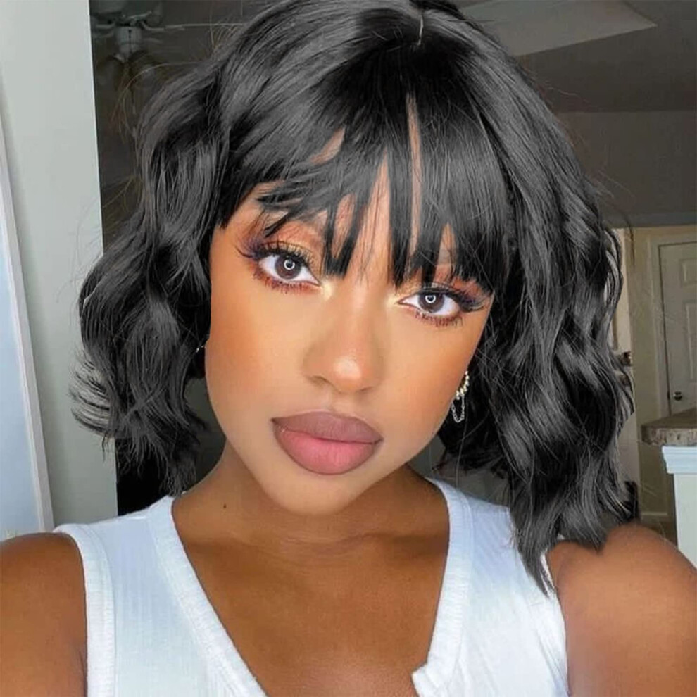 Unisex Brown Bob Wig With Bangs Short Wavy Shoulder Length Curly Highlight Synthetic Cosplay Hair