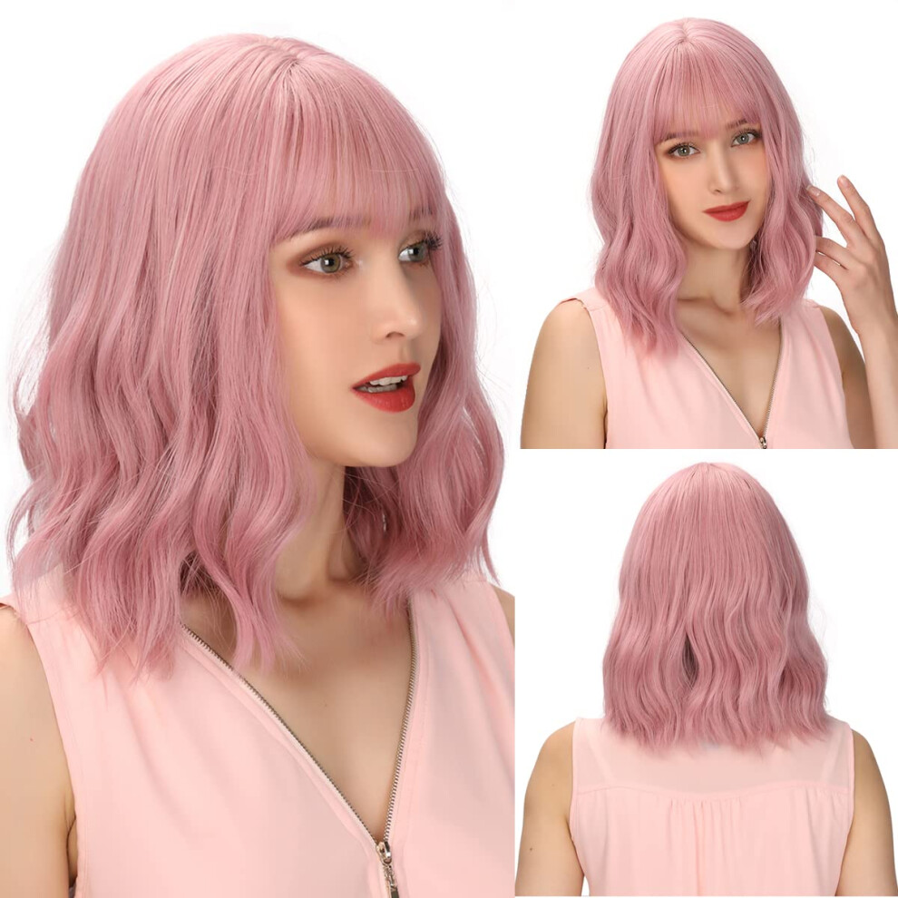 Unisex Pink Short Wavy Bob Wig With Bangs Heat Resistant Synthetic Pastel Shoulder Length Wig For Women