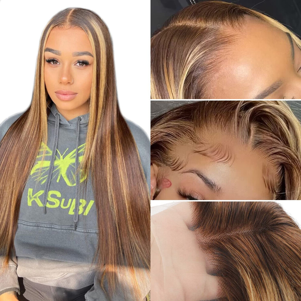 Unisex Black 28 Inch Honey Blonde Ombre Lace Front Wig Human Hair Hd 4X4 Lace Closure Glueless Preplucked For Women