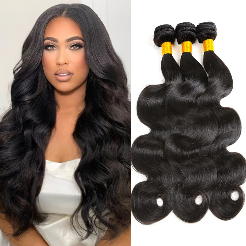 Unisex Black 10A Virgin Brazilian Body Wave Human Hair Bundles 20 22 24 Inch Natural Extensions For Instant Length & Volume