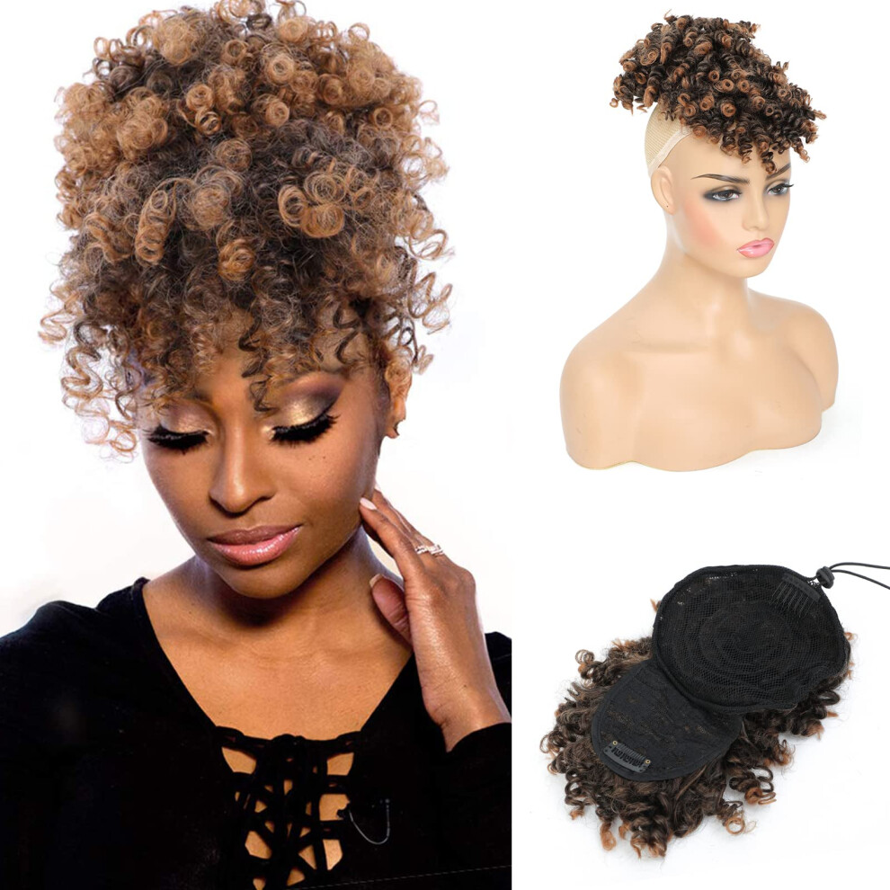 Unisex Black,Red Afro Puff Drawstring Ponytail With Bangs, Short Kinky Curly Pineapple Updo Hairpiece Black Auburn
