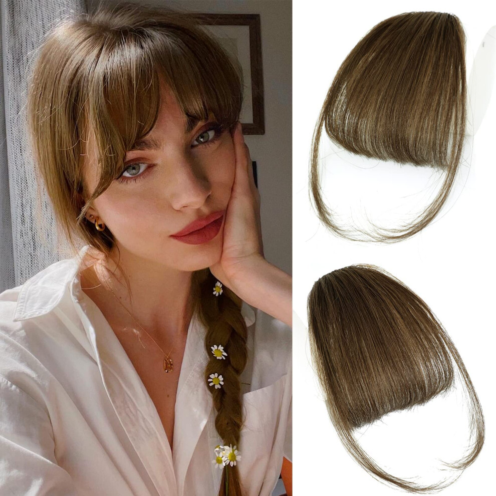 Unisex Brown Clip In Human Hair Bangs Light Wispy Fringe With Temples Real Hair Extensions For Women