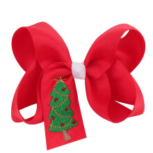 Red Christmas Hair Bow Clip for Girls with Santa and Tree, Festive Party Barrette 4 Inches