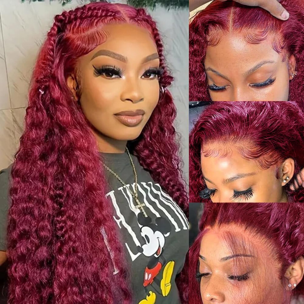 Unisex Red 99J Burgundy Deep Wave Lace Front Wig 34 Inch Glueless Human Hair With Baby Hair Pre Plucked Natural Hairline