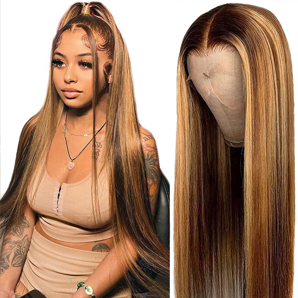 Unisex Honey Blonde Ombre Glueless Lace Front Wig Human Hair 13X4 Hd Frontal PreâPlucked 180% Density Straight Style 20 Inch