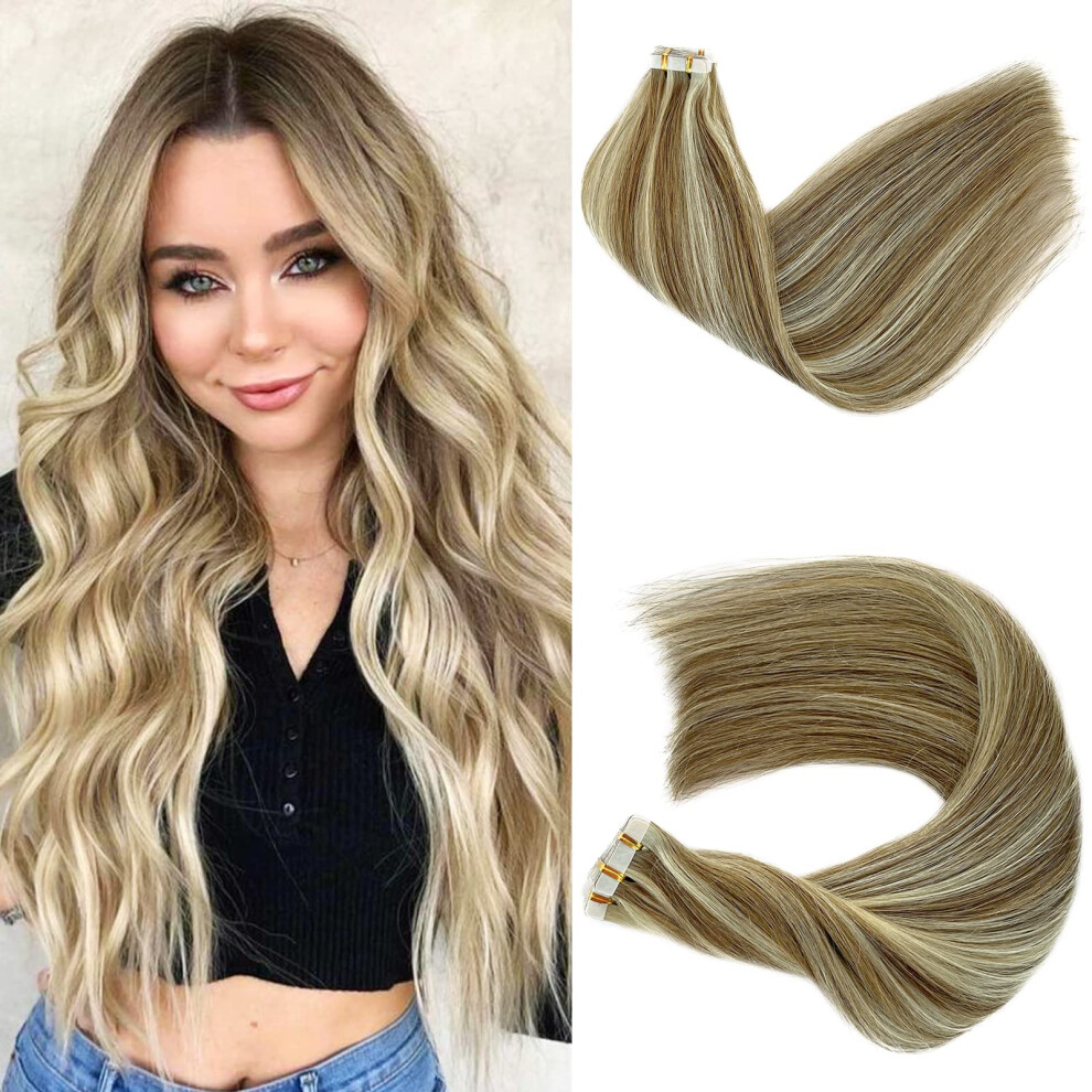 Unisex Brown,Silver Tape In Hair Extensions 22 Inch Ash Brown Platinum Blonde Remy Human Hair Invisible Pu Weft 20Pcs