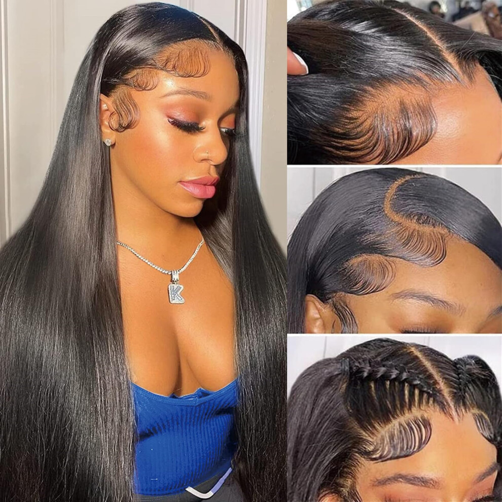 Unisex 13X6 Lace Front Wig Human Hair Straight Pre Plucked Baby Hair Brazilian Virgin 14 Inch