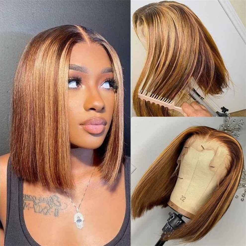 Honey Blonde Highlight Ombre Bob Wig Human Hair 13x4 Lace Front 14 Inch Glueless 180% Density for Women
