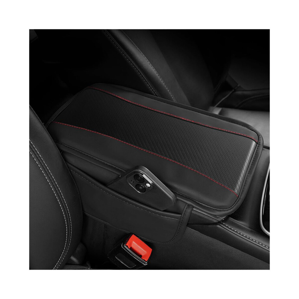 Car Center Console Organizer With Extra Side Storage Pockets, Carbon Fiber Leather Armrest Cushion Universal For Suv Truck Rv Black 9113335633971
