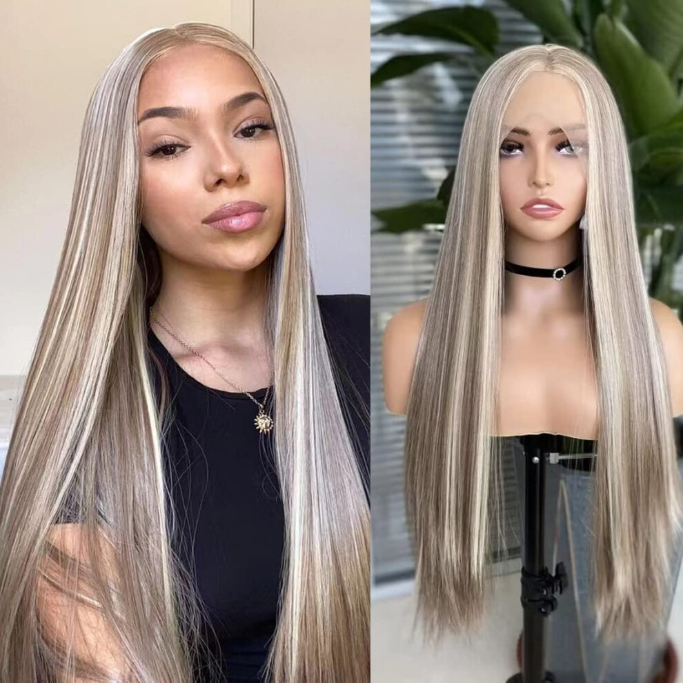 Unisex Ash Blonde Lace Front Wig With Highlights, Heatresistant Synthetic Long Straight 18 Inch For Women