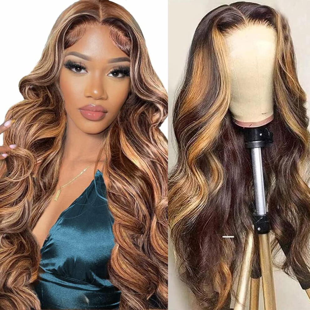 Unisex Black Honey Blonde 13X4 Hd Lace Front Human Hair Wig Body Wave Ombre Glueless Pre Plucked Bleached Knots For Women 20 Inch
