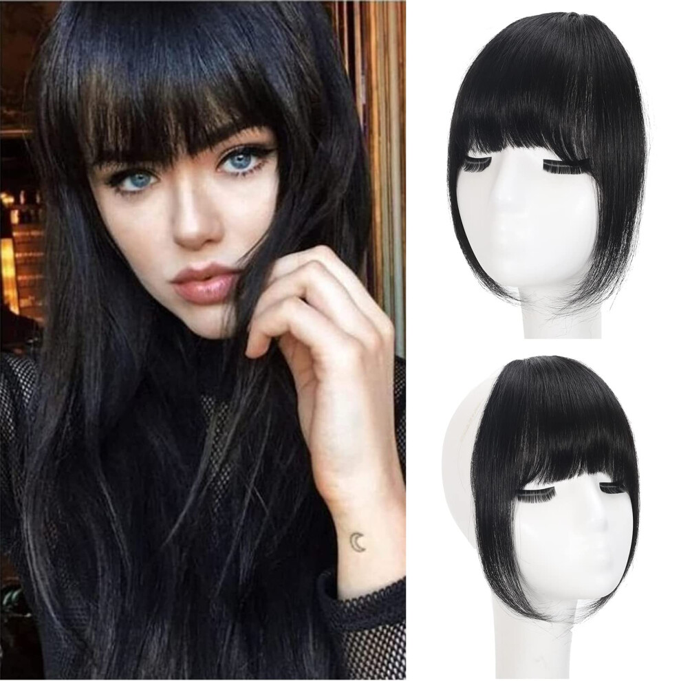 Clip In Bangs 100% Human Hair French Fringe Extensions with Temples for Women Natural Black