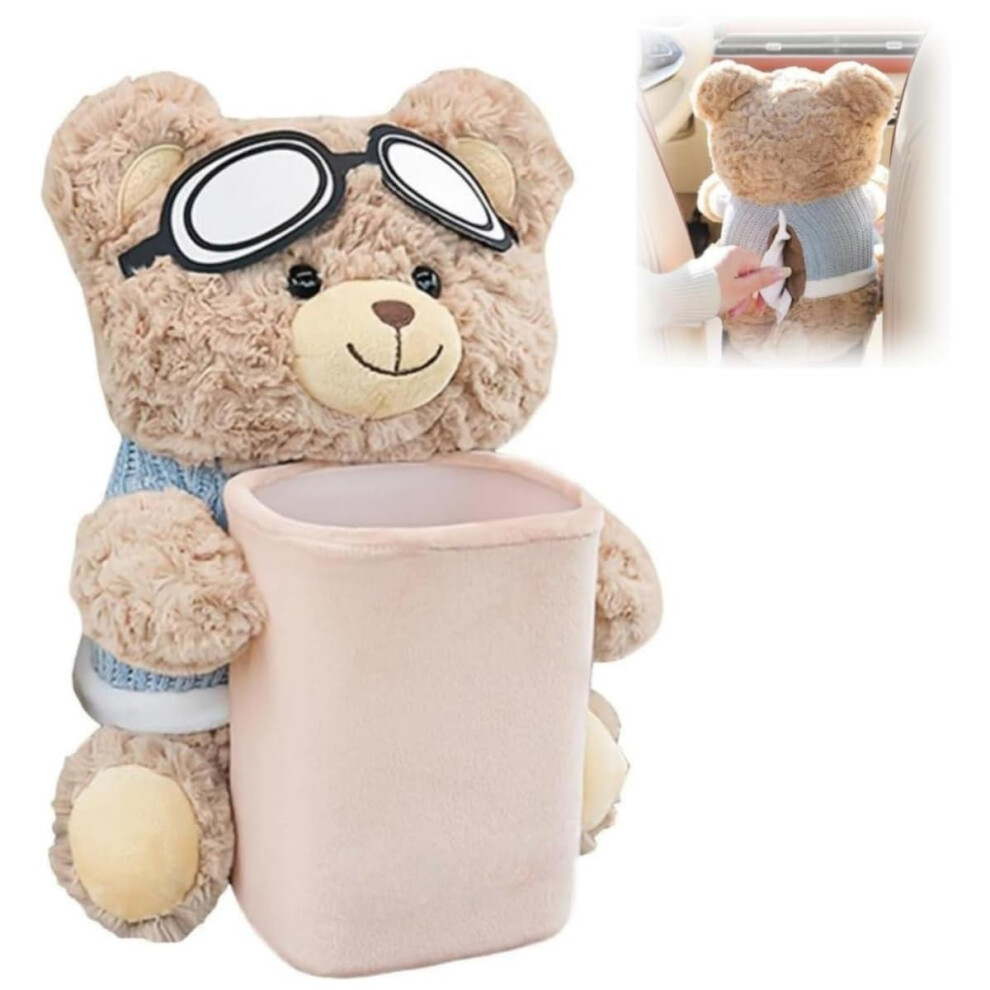 2 In 1 Car Tissue Holder With Trash Can, Cute Plush Bear Design, Spacesaving Universal Fit 9113335634152