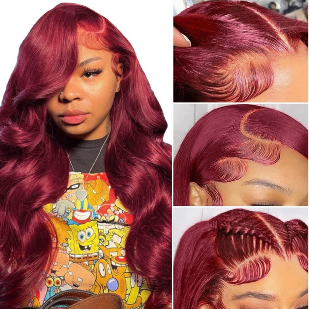 Unisex Red Burgundy Lace Front Wig 99J Body Wave Human Hair 13X4 Hd Glueless Pre Plucked Wine 28Inch